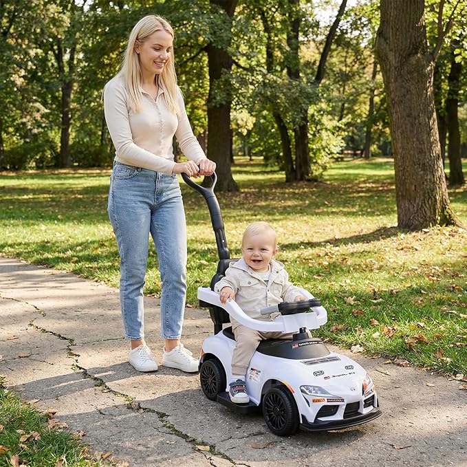 Costzon Push Car for Toddlers, 3 in 1 Toyota Licensed Stroller Sliding Walking Car w/Handle, Music, Safety Guardrail, Under-Seat Storage, Foot-to-Floor Kids Ride On Toys for Boys Girls (White)