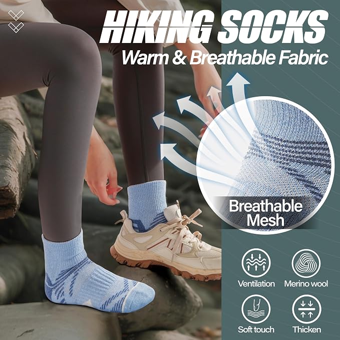 ANTSANG 6 Pairs Merino Wool Quarter Ankle Hiking Running Socks Compression Thermal Thick Cushion Socks for Women Men