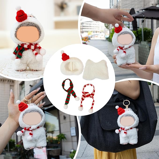 Clothes for Labubu Doll,6.7 Inch Doll Clothing Set - 4 Pieces of Handmade Clothes and Accessories for 17cm Plush Toys - Santa Hat Head Cover + Snowman Clothes + Red Striped Scarf + Green Striped Scarf