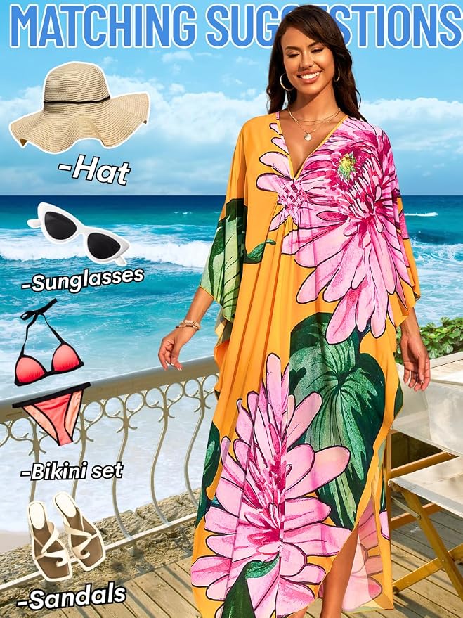ChiaoLezhee Print Moo-Moos for Women, Kaftan Cover-Up Dresses, Sexy V-Neck High-Slit, Beach Pool-Party Coverups Muumuu Plus