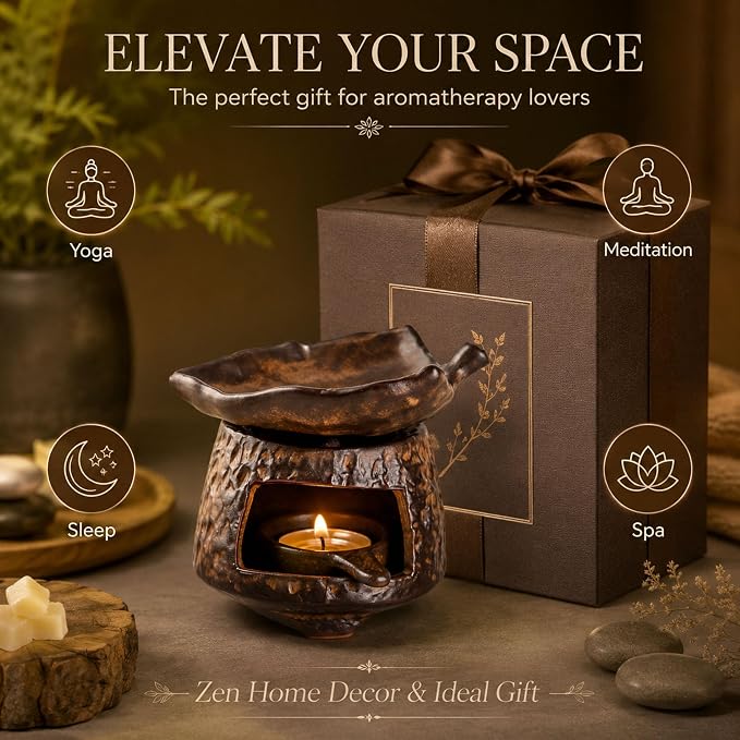 Ceramic Essential Oil Burner, Wax Melt Warmer & Palo Santo Holder, Handmade Retro Aromatherapy Burner with Tea Light Candle Holder, Rustic Zen Home Decor Incense Burner