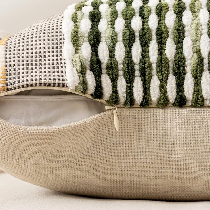 ANRODUO Boho Decorative Pillow Covers Olive Green Stripe 14x36 Pack of 1 | Throw Pillow Covers, Farmhouse Cushion Case, Long Chenille Pillow Cases, Lumbar Pillow Covers, Pillowcase for Sofa Bed