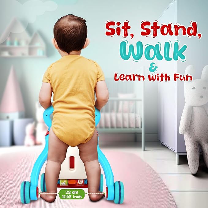 YOLAY 3-in-1 Baby Walker for 6–12 Months, Foldable Sit-to-Stand Learning Walker with Wheels, Detachable Activity Panel, Stable Handle, Includes Duracell AA Batteries, Boys & Girls (Blue)