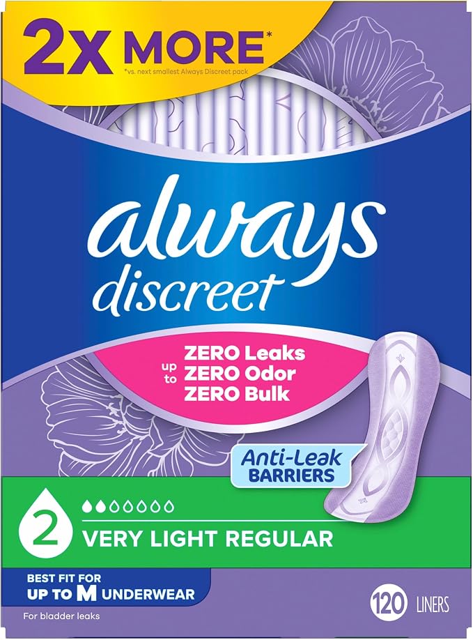 Always Discreet Incontinence Panty Liners for Bladder Leaks, Size 2, Very Light Absorbency, 120 Count