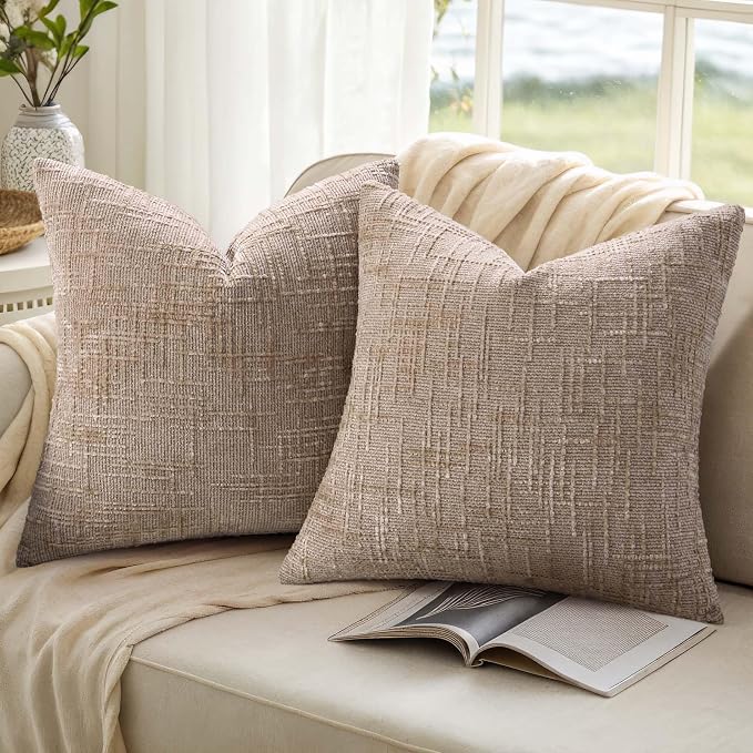 decorUhome Textured Chenille Throw Pillow Covers 24x24 Set of 2 Oatmeal | Fall Modern Farmhouse Soft Cozy Slubby Couch Pillow Cases Boho Decorative Pillow Cases for Bed Sofa Living Room Home Decor
