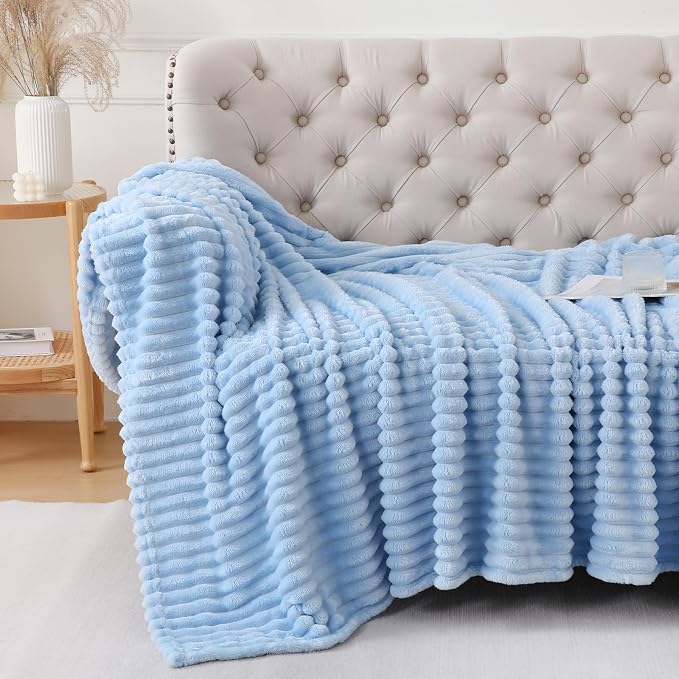 Light Blue Throw Blanket for Couch Sofa 90x90 inches Striped Design | Fleece Blankets Room Home Decor Lightweight Plush Soft Cozy Gifts for Women Mom