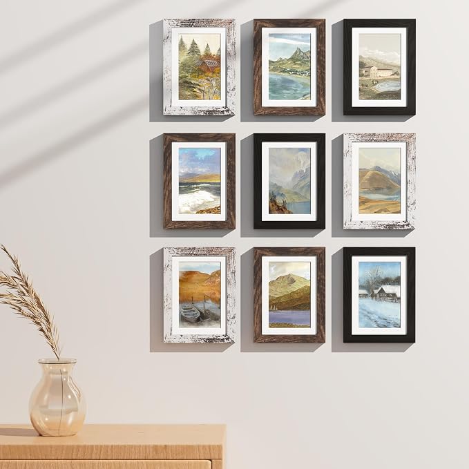Vittanly 5x7 Picture Frames Set of 9, Black&Brown&Distressed White | Display Pictures 4x6 with Mat or 5x7 without Mat, Small Photo Frames, Engineered Wood with Shatter Resistant Plexiglass