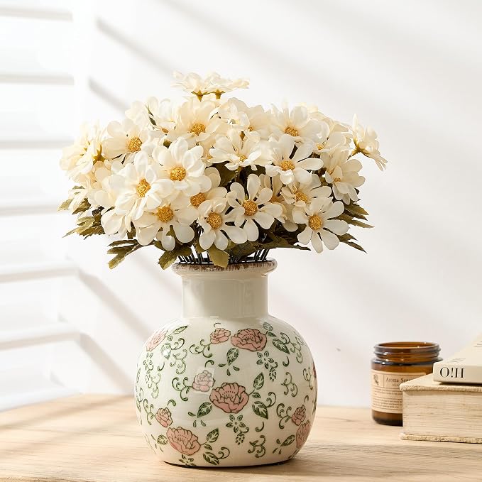SIDUCAL Ceramic Vintage Vase, 5.91 Inch Retro Ice Cracked Chinoiserie Floral Vase, Rustic Farmhouse Vases for Home Decor, Bookshelf, Garden, Chinoiserie Decor, Tuscan Decor, Red Rose Pattern