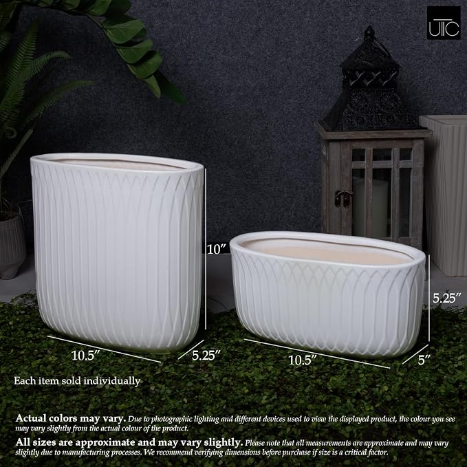 Urban Trends Collection Ceramic Decorative Blair Handcrafted Oval Planter, Decor Center Piece for Home Living Room, Table, Office: 13.00" x 7.00" x 6.50"H and 11.75" x 5.50" x 5.50"H (White/Gold)