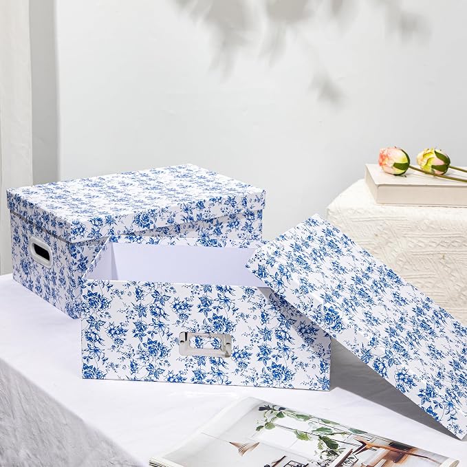 Briful Set of 2 Blue and White Porcelain-Style Storage Boxes with Lids – Elegant Floral Nesting Organizer Bins, 14'' + 13'' Set Decorative Cardboard Gift Boxes for Home or Office Use