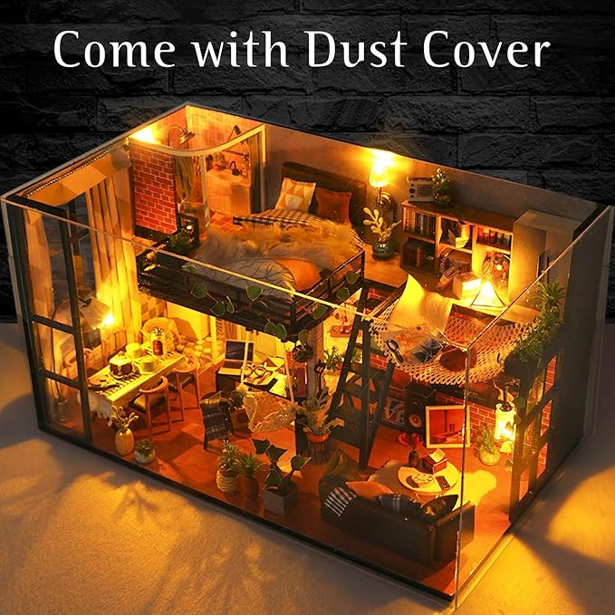 Foyucool DIY Miniature House Kit, Dollhouse Kit with Dust Cover, Mini House Building Kits for for Adult to Building, Christmas Home Decorations Gifts for Family and Friends, Loft