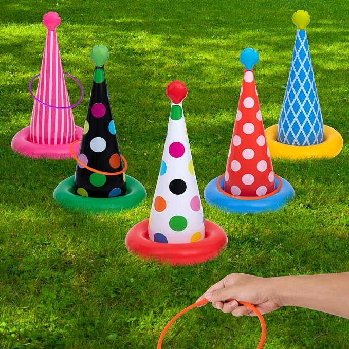 Inflatable Ring Toss Game, Birthday Party Games Ring Toss Game for Kids Adults Birthday Party Decorations Lawn & Yard Games Toys for Family 5-Pack with 10 Plastic Rings