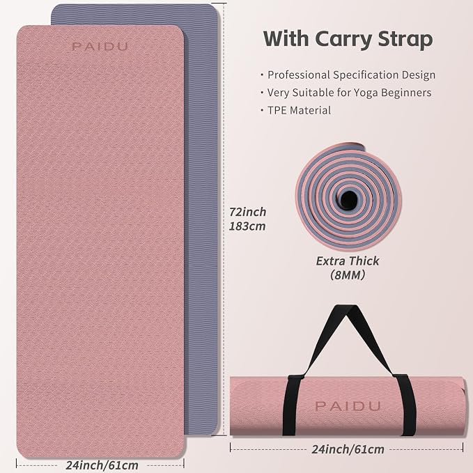 PAIDU Yoga Mat 8mm Super Thick TPE Fitness Mat | SGS Certified | Non-Slip, Odorless & Tear-Resistant | Unisex with Strap | for Yoga, Pilates, Meditation & Home Workouts