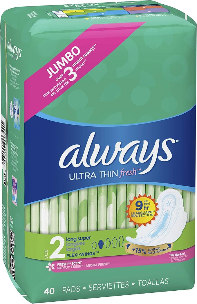 Always Ultra Thin Pads Size 2 Super Long Absorbency Scented with Wings, 40 Count, Packaging may vary