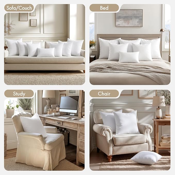 MIULEE 14x14 Pillow Inserts 4 Pack, 100% Virgin Fiber Filling Throw Pillows | Decorative Pillows for Sofa Bed Couch, Firm and Full Pillows, Excellent Support, Soft Brushed Fabric
