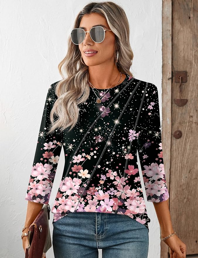 LOMON 3/4 Length Sleeve Womens Tops Spring Summer Fashion 2026 Tops Crew Neck Pleated Shirts Tunic Top Loose Fit