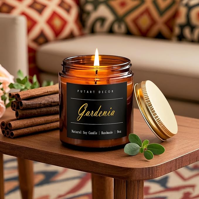 Gardenia Scented Candles for Home, 9oz Natural Soy Wax Aromatherapy Organic Santal Candle for Stress Relief, Long Burning & Lasting Jar Candle Gifts for Birthday, Housewarmings, Thanksgiving