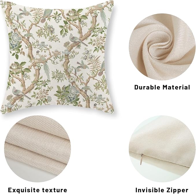Green Floral Bird Pillow Covers 24x24 Set of 2 Chinoiserie Throw Pillows Green Vintage Flowers Bird Decorative Pillow Cases Outdoor Chinoiserie Decor Farmhouse Cushion Case for Couch Sofa
