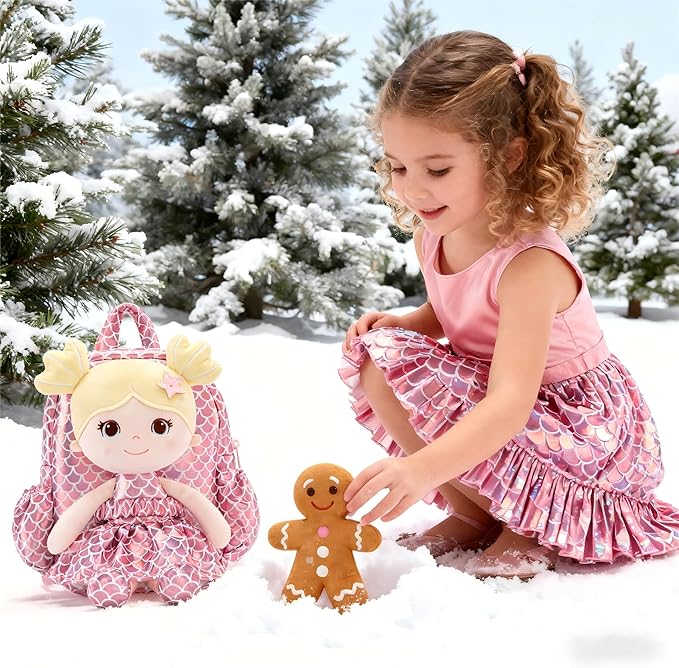 Lazada Toddler Backpack - Baby Girl Gifts Plush Doll Dress Backpack - Fashion Girls Tina Fish Scale Series - Pink11 Inches