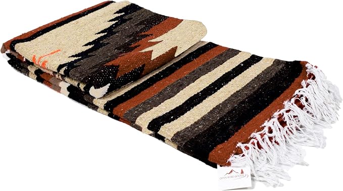 Open Road Goods Handwoven Mexican Diamond Blanket, Throw, or Yoga Bolster - Southwestern Style Blanket - Brown