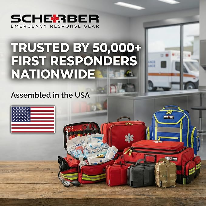 Scherber First Responder Fully-Stocked Large Professional Essentials EMT/EMS Trauma Kit | HSA/FSA Approved | Reflective Bag w/8 Zippered Pockets & Compartments & 250+ First Aid Supplies (Black)