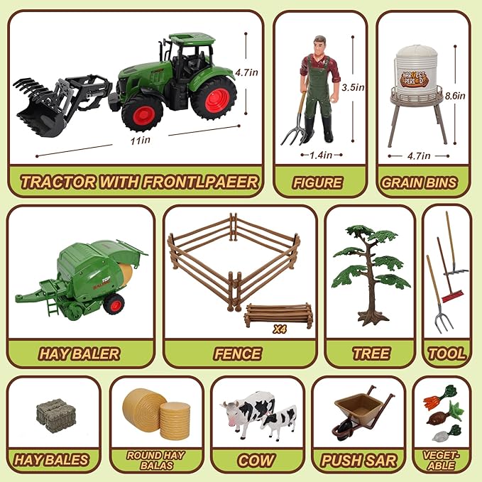 Farm Tractor Toys Set Bale Haying Round Baler with Barn, Farmer,Cow,Farm Tools,Tree Farm Tractor Pla yset for Kids Toddler Boys Girls Ages 3-7 Years