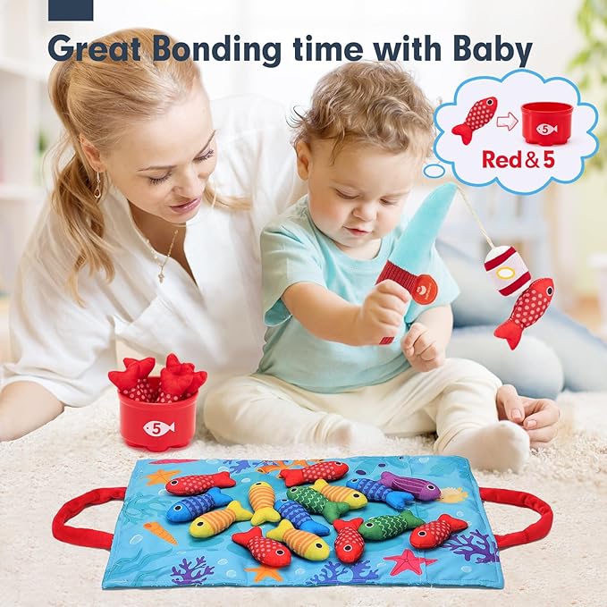 hahaland Montessori Toys for 1 Year Old Boy Girl Birthday Gift - 10 in 1 Cloth Fishing Game Valentines Day Gifts for Toddler Toys 1-3 with Stacking Cups - Number Counting, Color Sorting Learning