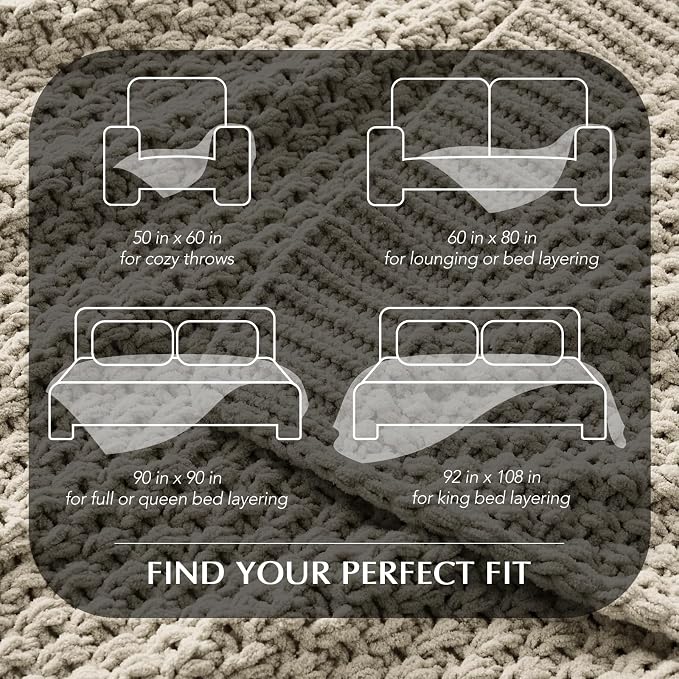 EVERGRACEHOME Chunky Chenille Knit Throw Blanket, 108x92, Warm Gray | Sculpted Moss Stitch, Chic Modern Farmhouse, All-Season Warmth, OEKO-TEX® Certified, Oversized King for Couch, Bed, Sofa