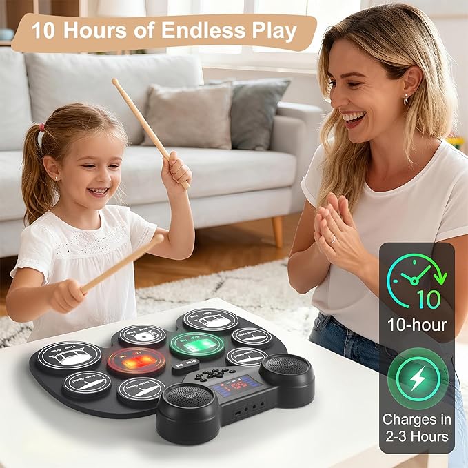 Electric Drum Set with 7 Colorful LED Light Patterns, Enhanced Rebound Feel Electronic Drum Kit Featuring 9 Pads, Bluetooth MIDI, and Dual Speakers, Family Gift for Kids and Adult Beginners