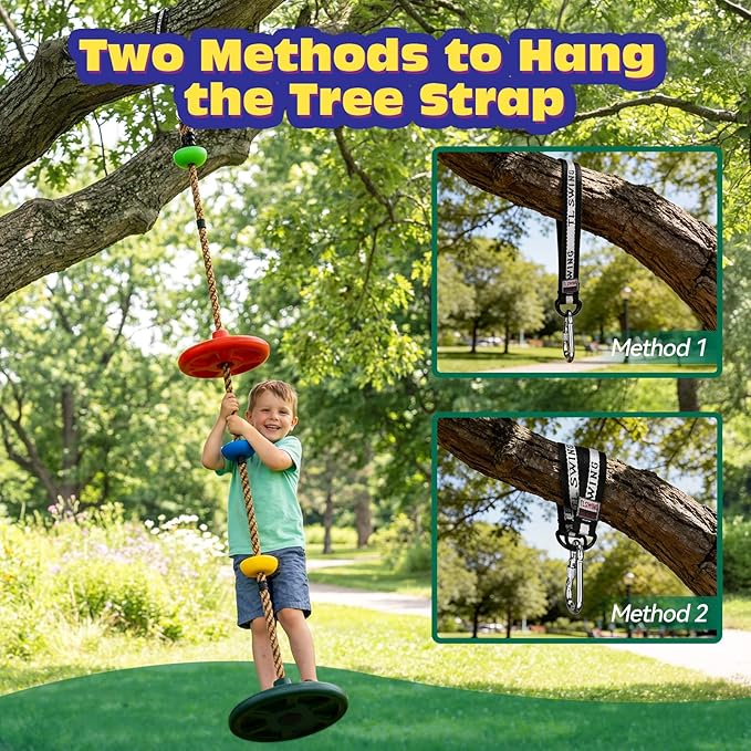 HeyZoo Dual Large Disc Tree Swing for Kids 330LB Capacity, Rope Swing with 3 Small Platforms, Outdoor Backyard Playground Seats Set with Carabiner and Thickened Strap, 1 Pack