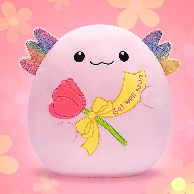 Get Well Soon Axolotl Large Plush Pillow Stuffed Animal Toy Patient Feel Better,12.5" Big Size Cute Soft Plushie,Gift for Kids Girls