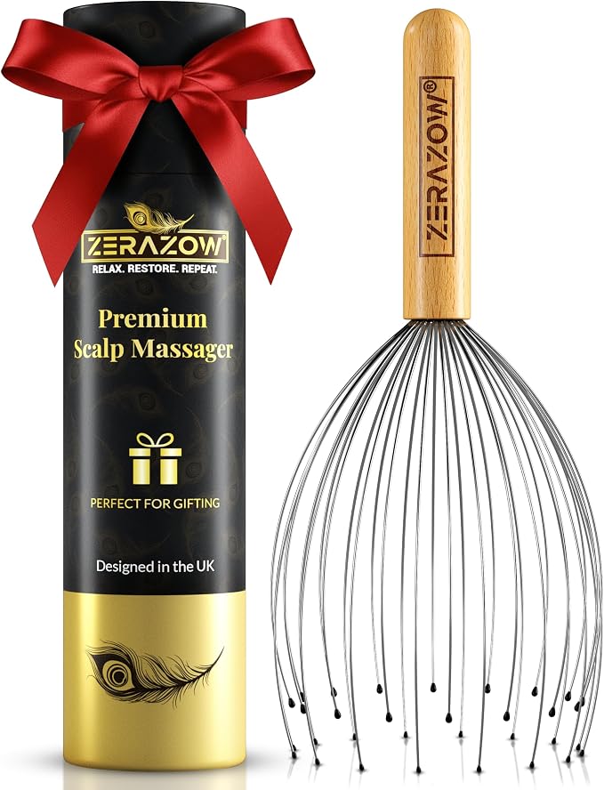 ZERAZOW® Scalp Massager with 32-Prong, Head Massager Scalp Massage Tool for Relaxation, Beech Wood Head Scratcher, Scalp Scratcher for Head Massage, Scalp Stimulator, Fathers Day Gift for Men/Women