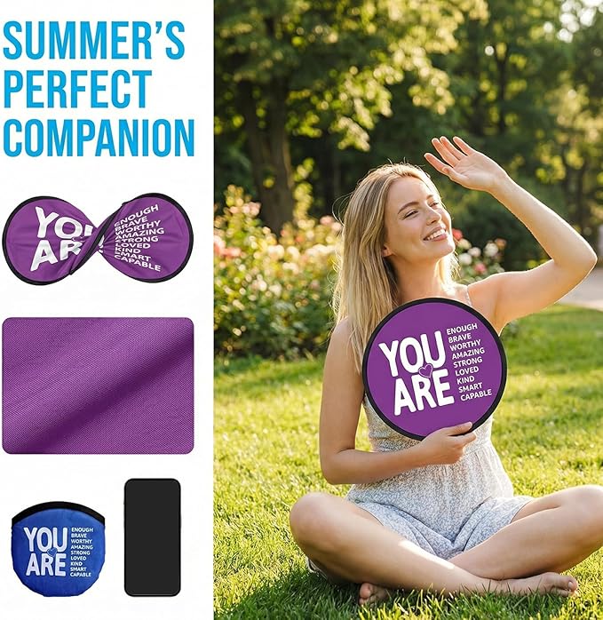 Fancy Land End of Year Gifts Foldable Flying Disc Fans with Bags Inspirational Hand Fan Motivational Flying Disc for Students Graduation Outdoor Summer Game Activities Party Supplies 16Pcs