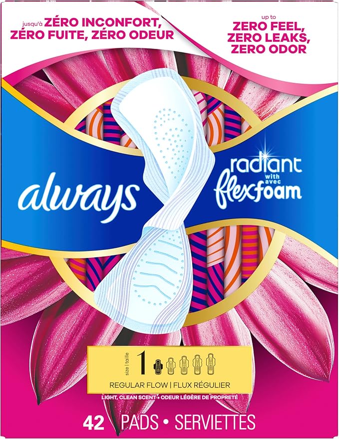 Always Radiant Feminine Pads for Women, Flexfoam Pads with Wings, Size 1, Regular Absorbency, Lightly Scented, 42 Count