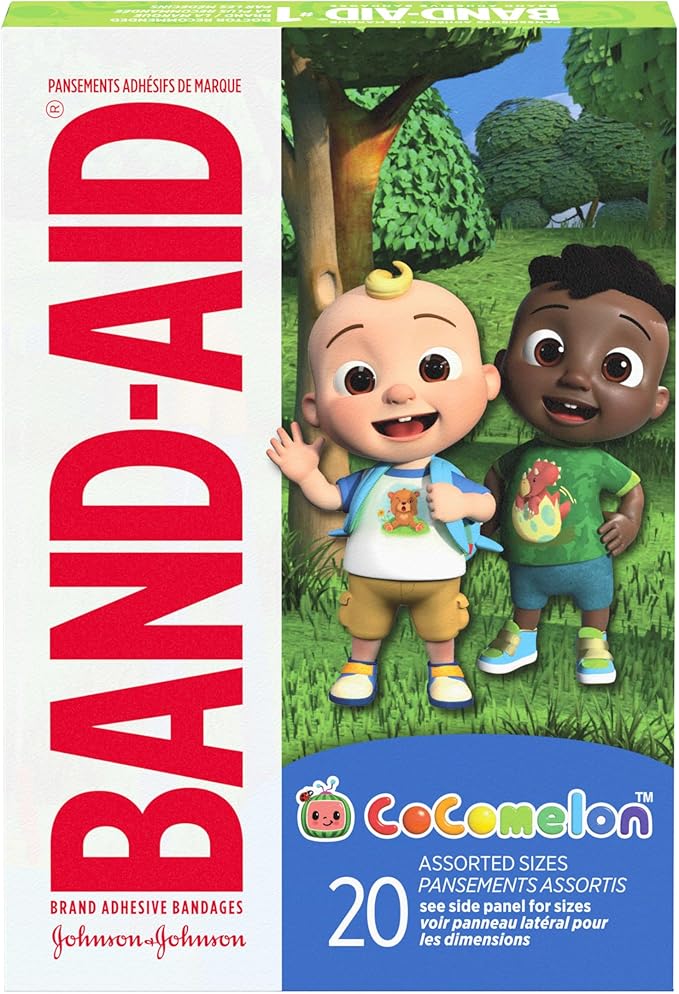 Band-Aid Brand Adhesive First Aid Bandages for Kids & Toddlers Featuring Moonbug CoComelon Characters, Sterile Individually Wrapped Bandages for Minor Cuts & Scrapes, Assorted Sizes, 20 Ct