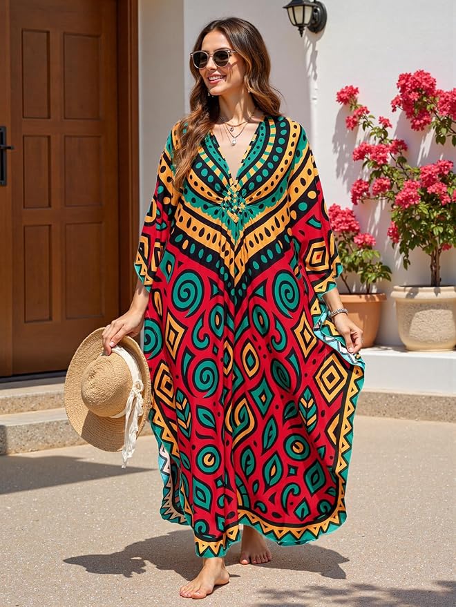 Mumu Dresses for Women Plus Size, Bohemian Kaftan Beach Cover Up Long Maxi Nightgown Soft Loungewear