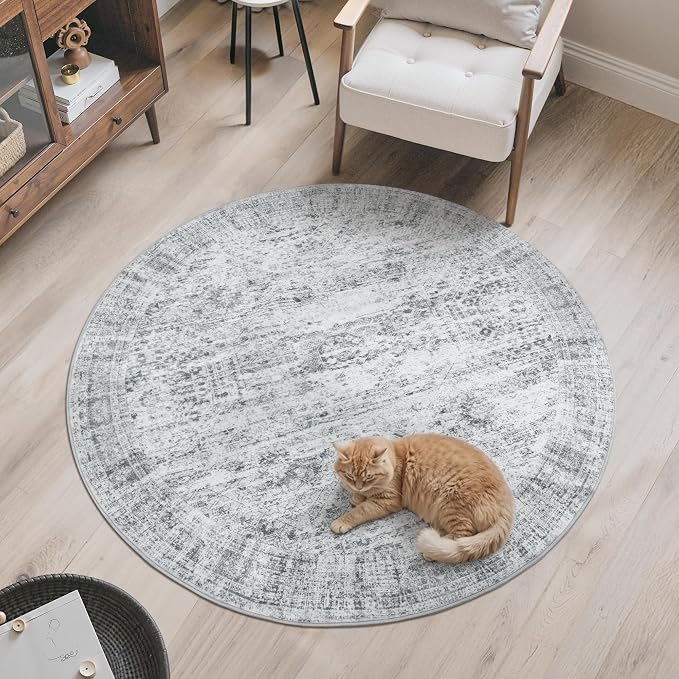 Soalmost 5x5 Grey Round Rug 6ft Circle Living Room Area Rugs Non-Slip | Washable Vintage Indoor Carpet for Dining Bedroom, Low Pile Stain Resistant Foldable Floor Mat Entryway Home Office Decor