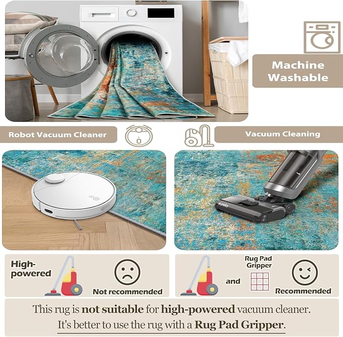 RELEANY Washable Runner 2'x6' Abstract Area Rug for Hallway Teal Multi | carpet for kitchen, entryway, bathroom, living room, bedroom, printed pattern, non-slip, soft, stain-resistant, easy to clean
