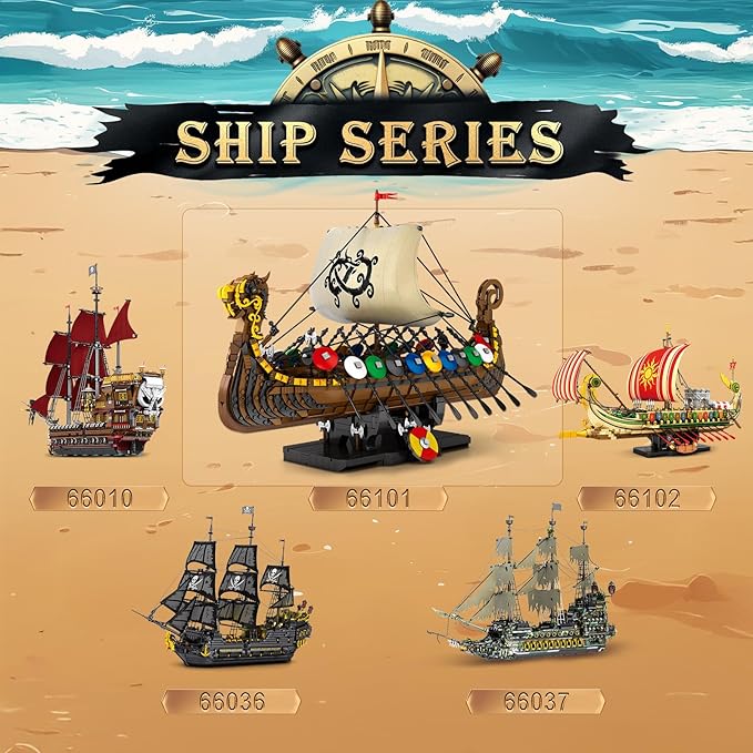 Reobrix Viking Pirate Ship Model Building Set,Medieval Viking Ship Kit with Flock Sails & Shields 66101,Gifts for Men Adults Teens,Viking Decor for Office Room,2547 PCS