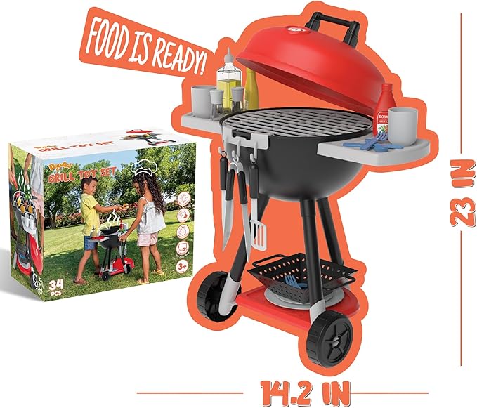 JOYIN 34 PCS Kitchen Toy Set, BBQ Play Grill, Cooking Toy Set, Little Chef Play, Kids Grill Playset Interactive BBQ for Kids with Light & Sound, Birthday Gift for Boys Girls