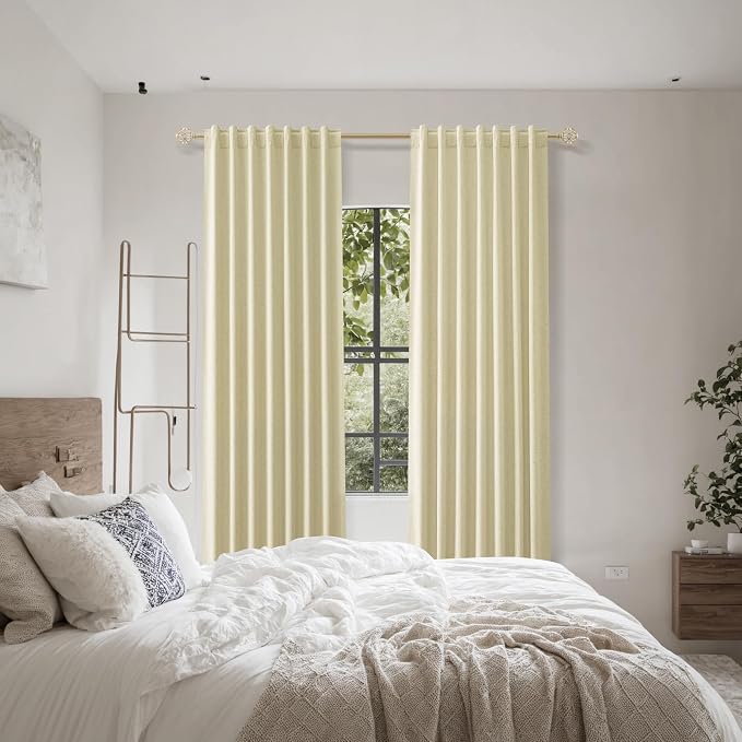 Guken Extra Long 100% Blackout Linen Curtains for Bedroom 108 inches Long, Thermal Insulated Room Darkening Black Out Drapes for Living Room, Back Tab Rod Pocket 2 Panels Set,Cream Yellow,52x108