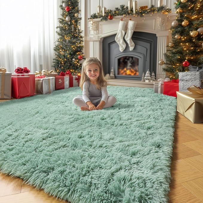 Amdrebio Sage Green Furry Area Rug 5x8 for Bedroom Living Room Classroom | Fuzzy Fluffy Shag Shaggy Kids Carpet, Nursery Dorm Playroom Reading Corner Decor, Light Mint Green Color, Baby Toddler Accent