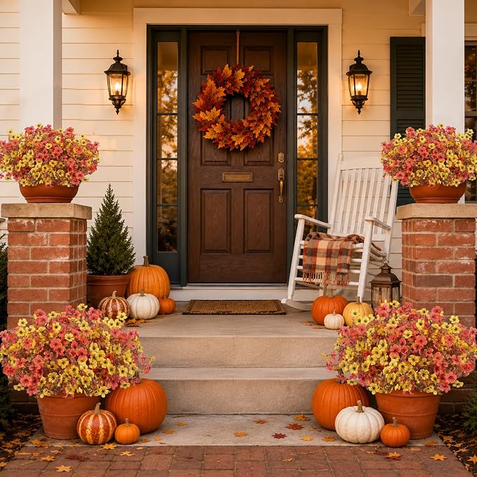 Artificial Faux Mums Flowers Plants for Outdoors Fall Decoration,12 Bundles Fake Mums Silk Daisy Plastic Flowers Plant UV Resistant Look Real for Outside Planters Patio Front Yard Autumn Orange Yellow