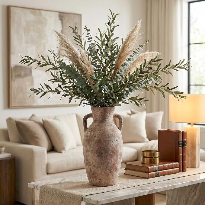 Ceramic Flower Vase with Handles,12" Neutral Tall Clay Terracotta Vases Farmhouse Table Vases with Handle Living Room Decor Rustic Pottery Pots for Home Shelf Coffee Dining Desk Fireplace