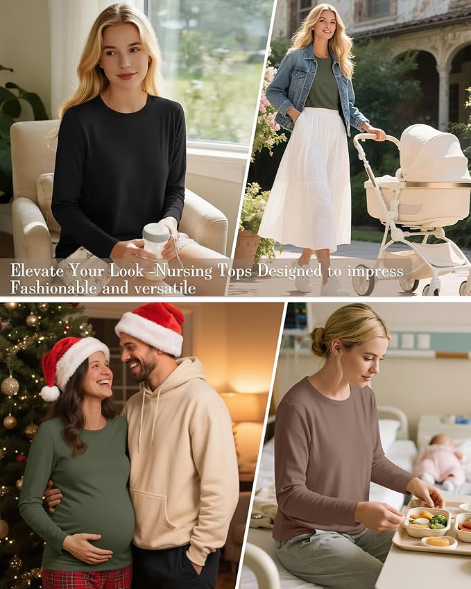 3 Pack Nursing Tops for Breastfeeding Maternity Shirts Zipper Long Sleeve Round Neck Knit Casual Nursing Clothes