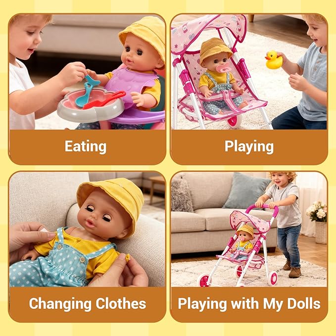 Baby Doll Stroller Set Toys for Girls Toddlers 3-5 4-6 5-7 Gifts, 12.2" Baby Doll Set with 2 Set Doll Clothes, Dining Chair, Baby Stroller Toys for Accessories Pretend Play