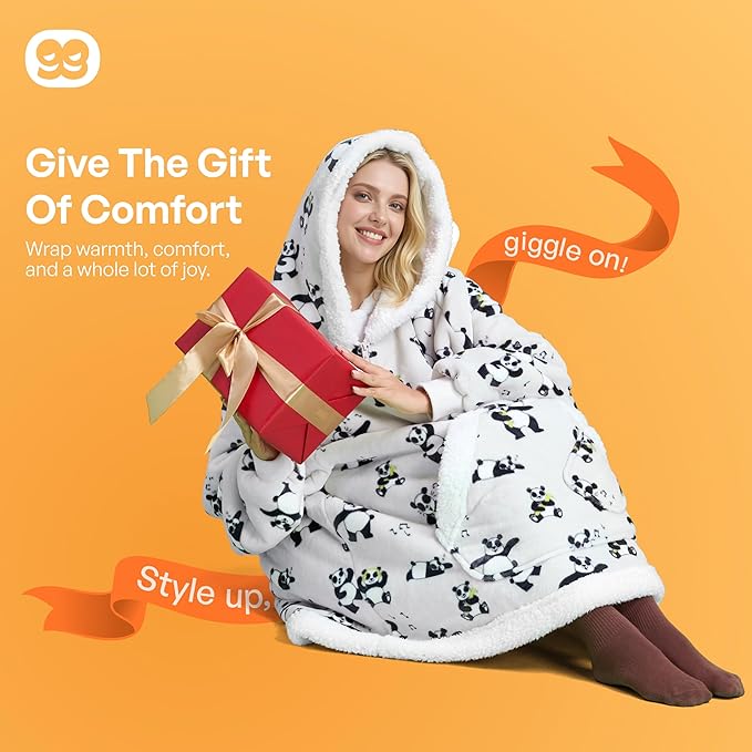 Giggling Getup Wearable Blanket Hoodie for Adults Gifts for Teen Girls Sister Women Sherpa Fleece Printed Hooded Blanket Sweatshirt Warm Cozy with Pocket & Sleeves Grey Panda