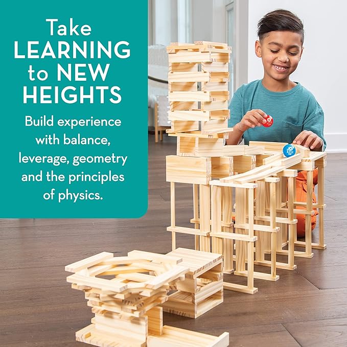 MindWare KEVA Contraptions, Wooden Blocks Building Set, Marble Run Kit, Includes 2 Balls - 400 Planks