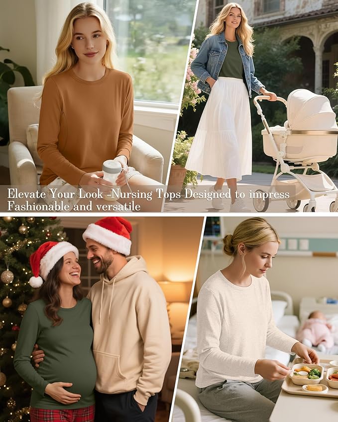 3 Pack Nursing Tops for Breastfeeding Maternity Shirts Zipper Long Sleeve Round Neck Knit Casual Nursing Clothes