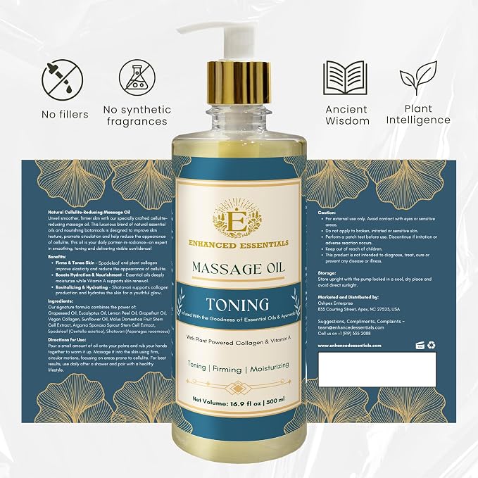 Luxurious Massage Oil by Enhanced Essentials|with Ayurvedic Extracts & Essential Oils | Firms, Nourishes & Uplifts Skin | Fast-Absorbing, Non-Greasy, Clean Formula|16.9 fl oz (500ml) (Toning)
